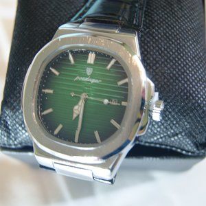 New Men watch silver with green dial and black leather wrist strap